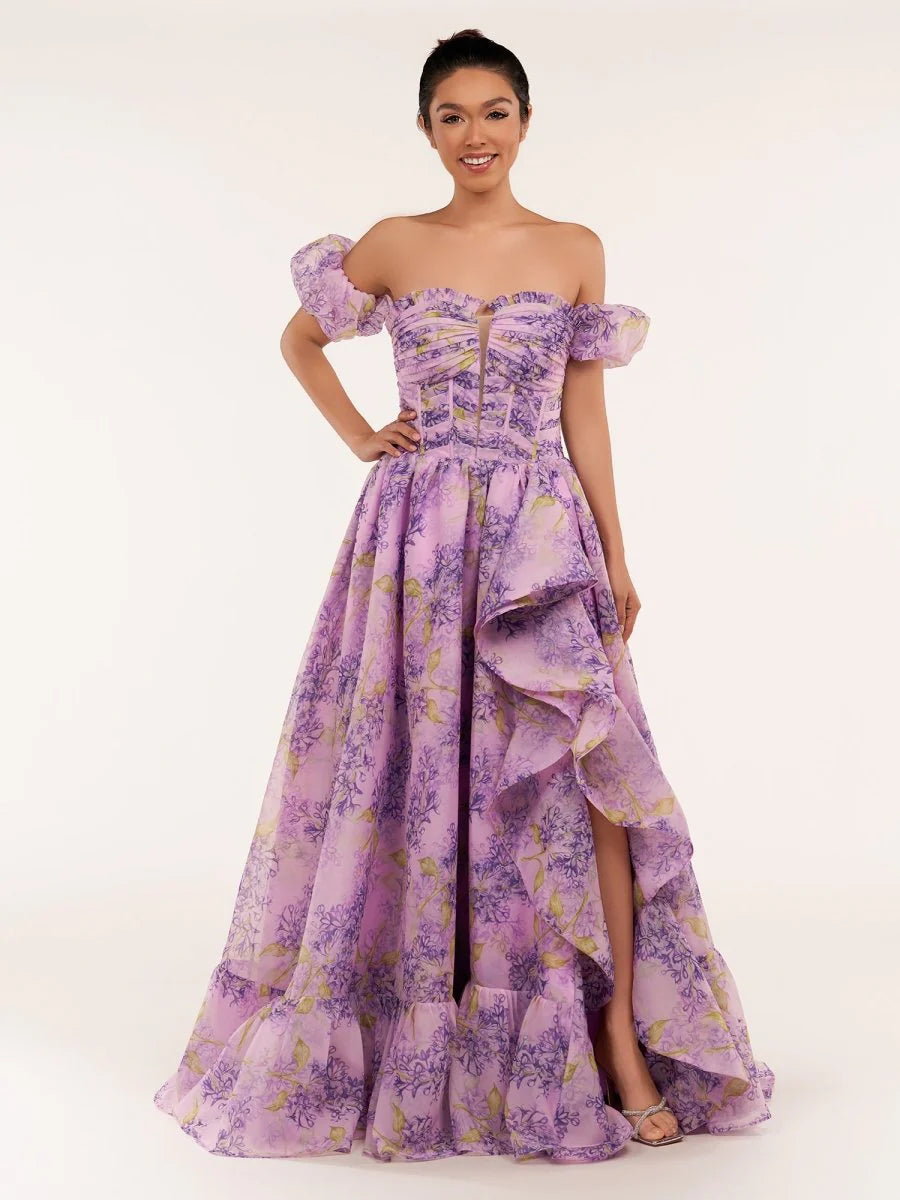 Lilac A-Line Corset Detachable Sweetheart Floral Long Party Dress